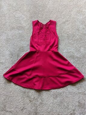 Cherry Red Fit and Flare Dress with Embroidered Mesh Cutouts